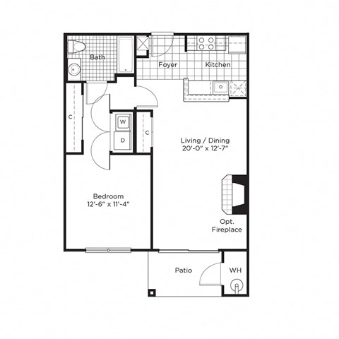 Floor plan for 1 bed, 1 bath, 730 sqft